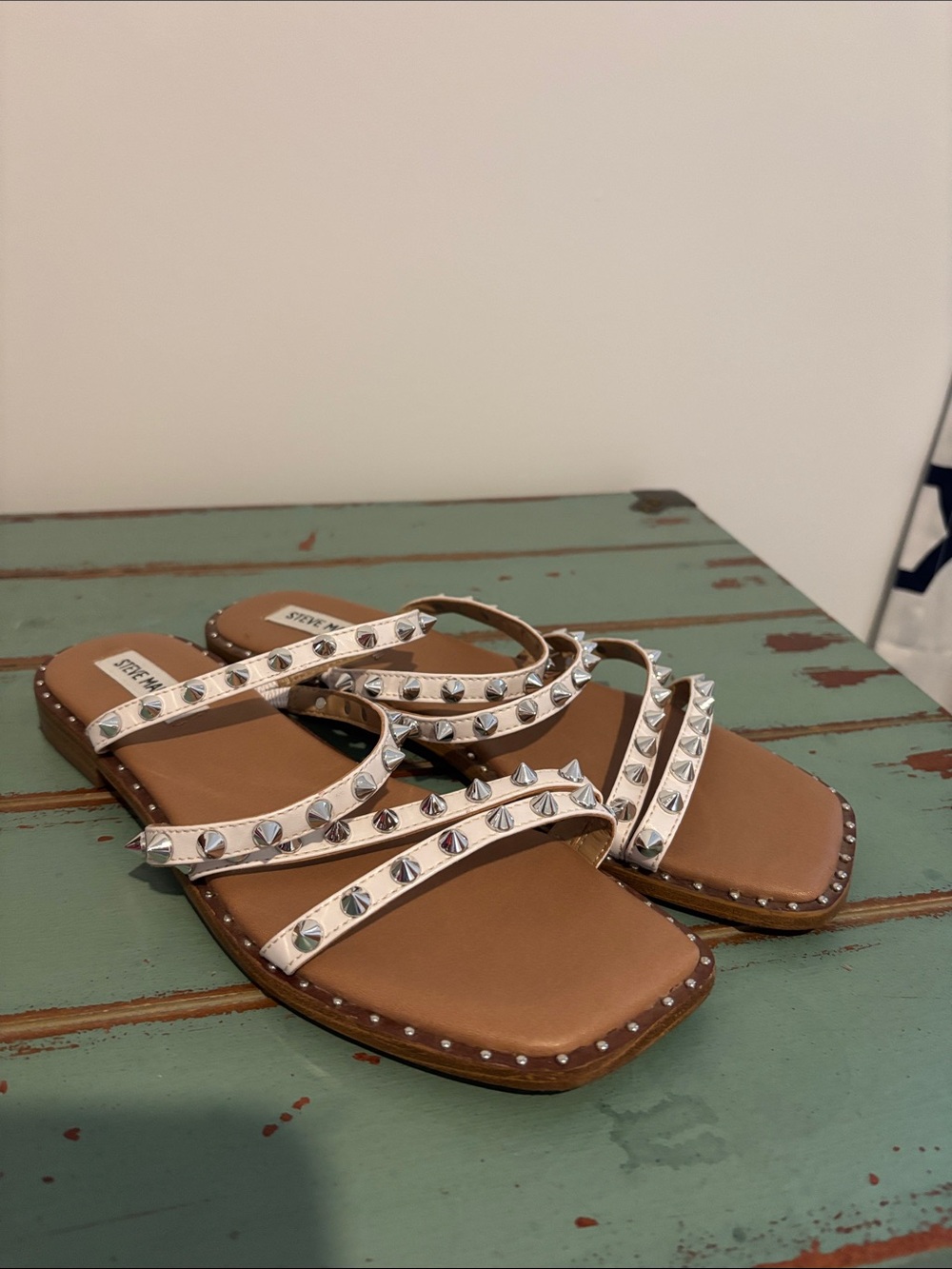 Steve Madden White Studded Strappy Flat Sandals